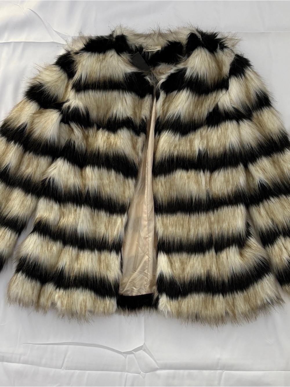 JLUXLABEL Black and Cream Striped Faux Fur Coat